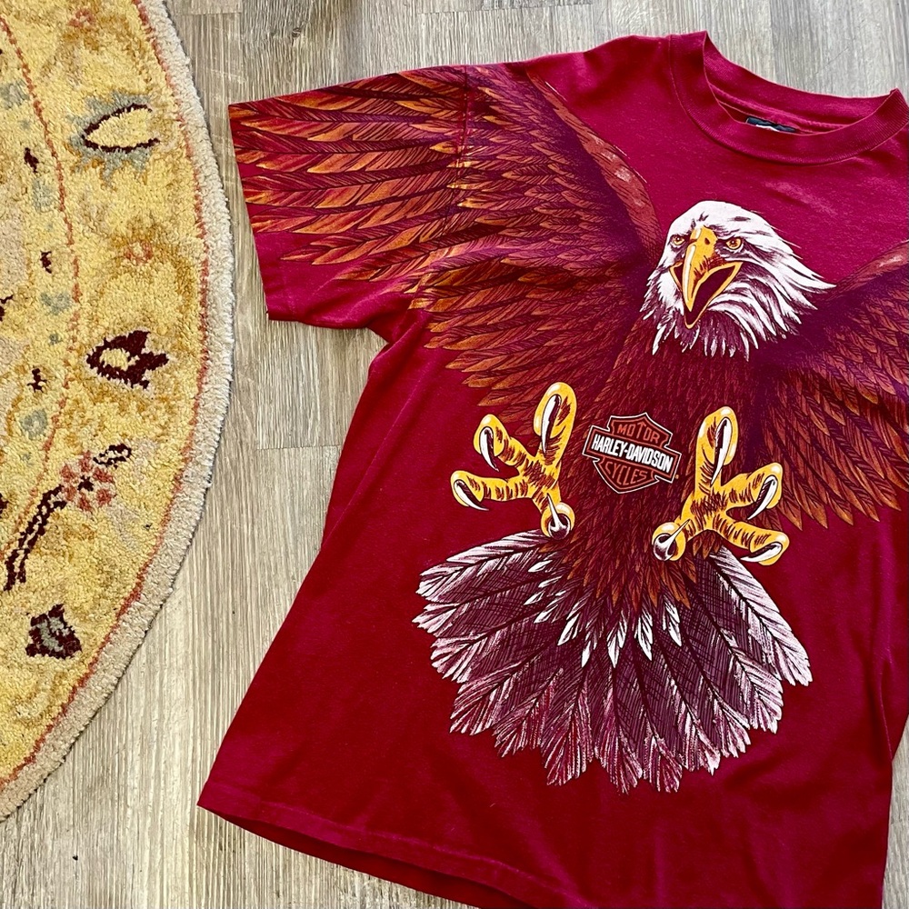 SOLD Vintage Harley Davidson Graphic T-Shirt 1993 Eagle All Over Print Maroon L - Picture 3 of 16